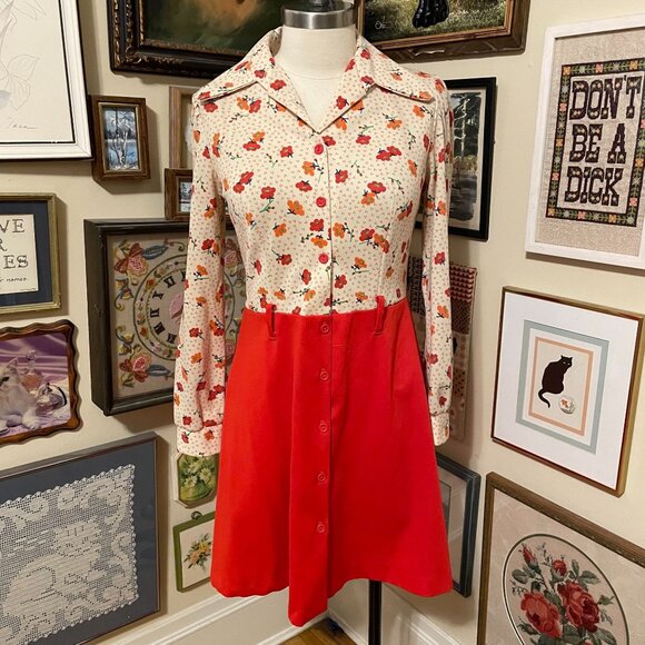 70s Vintage Groovy Marcia Brady Red Floral Knee Length Long Sleeve Dress M/L - Picture 1 of 5